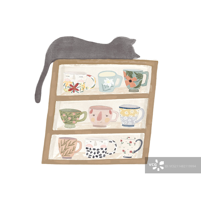 个性可爱手绘水彩慵懒猫咪杯柜图片素材