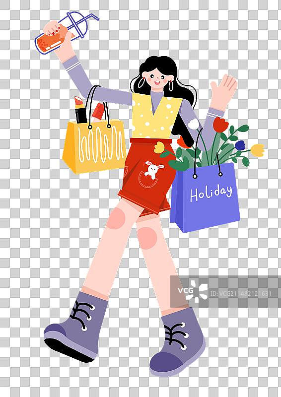 扁平风背着购物袋的快乐女孩图片素材