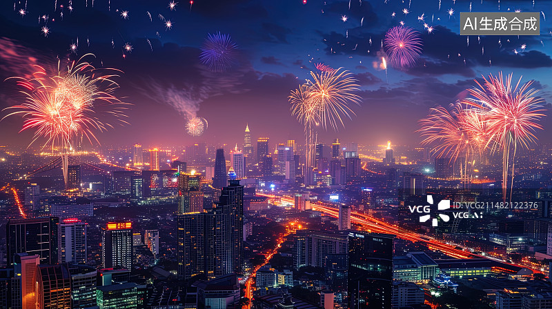 【AI数字艺术】烟花 烟花修 城市背影图片素材