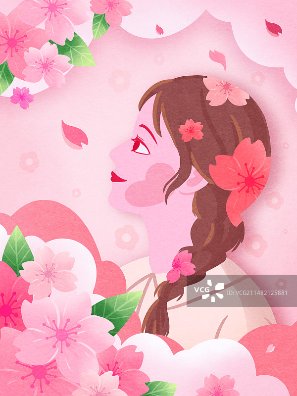 妇女节女性人物樱花剪纸插画图片素材