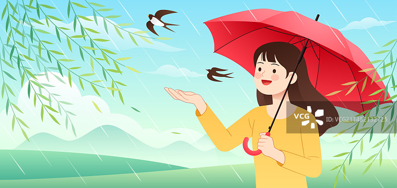 春季下雨天一个撑伞的年轻女孩仰头望着天空开心伸出手接住雨水和柳枝燕子等卡通扁平清新手绘矢量插画海报图片素材