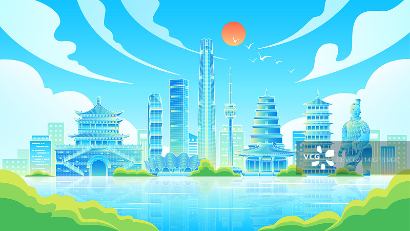 西安城市地标建筑蓝色矢量插画图片素材
