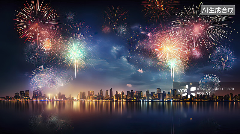 【AI数字艺术】夜晚城市上空绽放的烟花图片素材