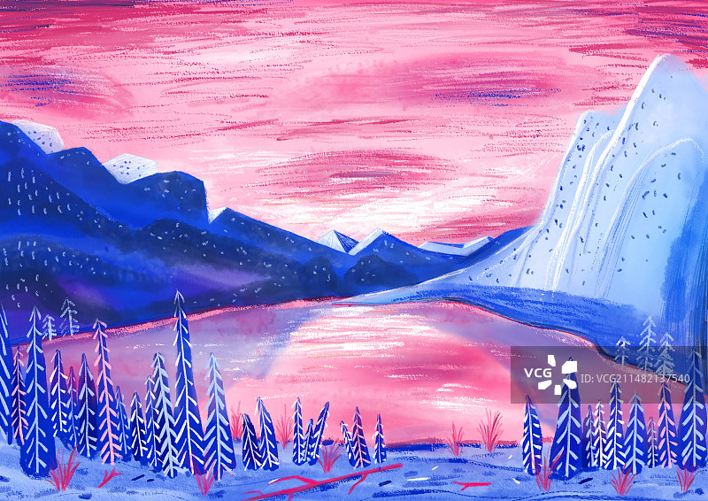 手绘风格户外雪山湖泊场景插画图片素材