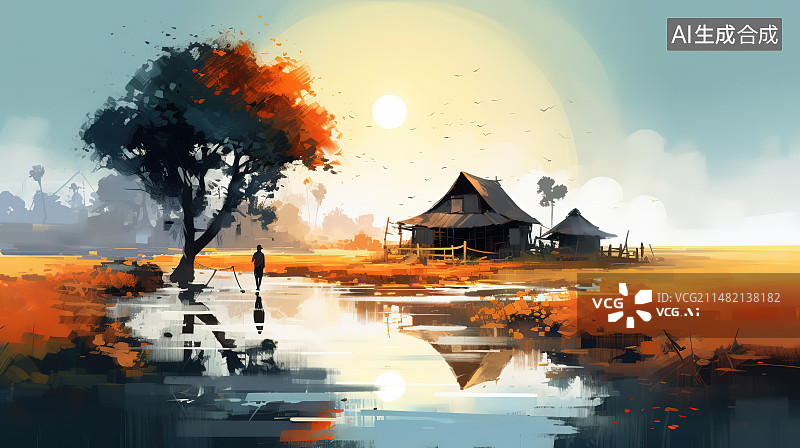 【AI数字艺术】夕阳下的寺庙图片素材