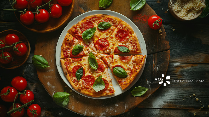 桌上披萨的高角度视图图片素材