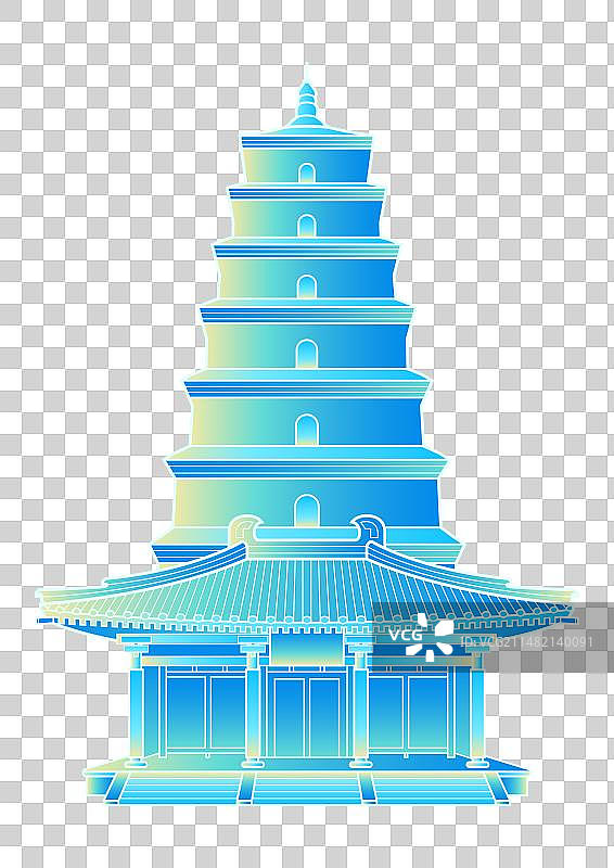西安大雁塔蓝色矢量插画元素图片素材