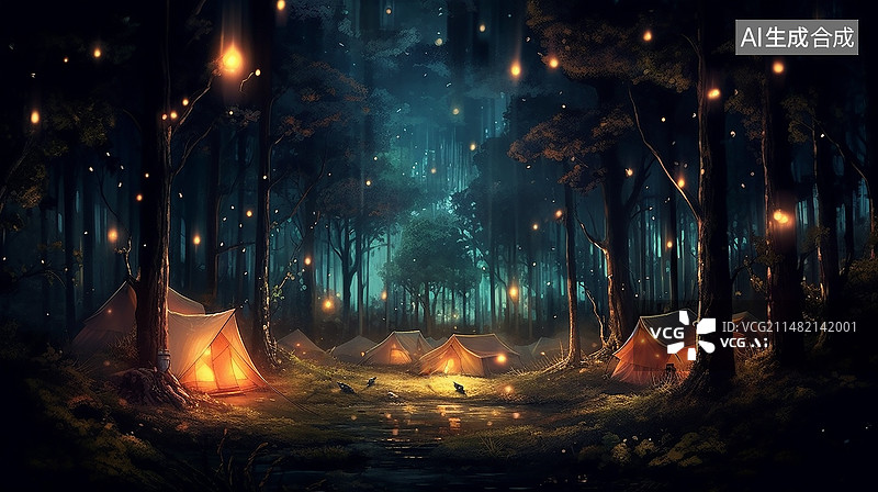 【AI数字艺术】夏天森林萤火虫梦幻场景图片素材