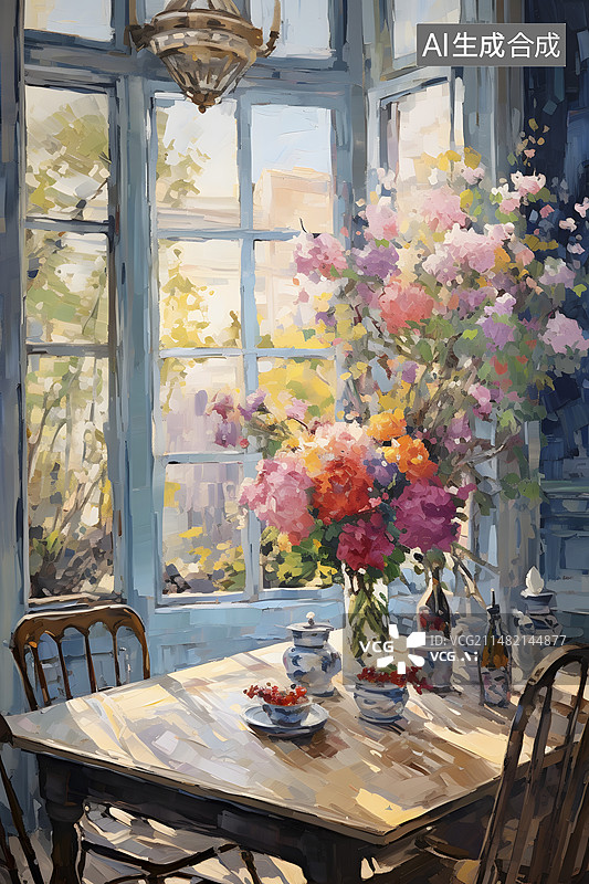 【AI数字艺术】厚涂粗笔触印象派刮刀餐厅场景背景海报装饰画图片素材