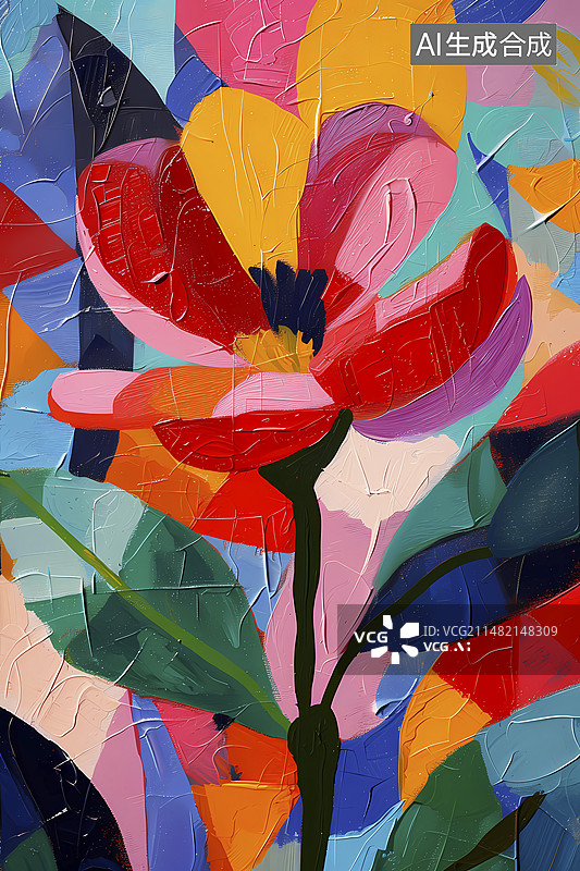 【AI数字艺术】艺术感手绘抽象花朵拼贴画油画装饰画图片素材