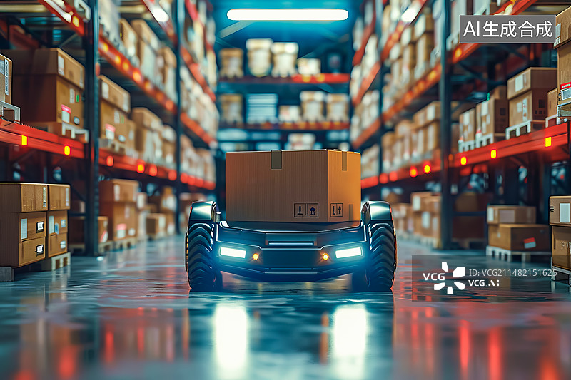 【AI数字艺术】智慧物流智能仓库内自动运输货物的无人搬运车图片素材