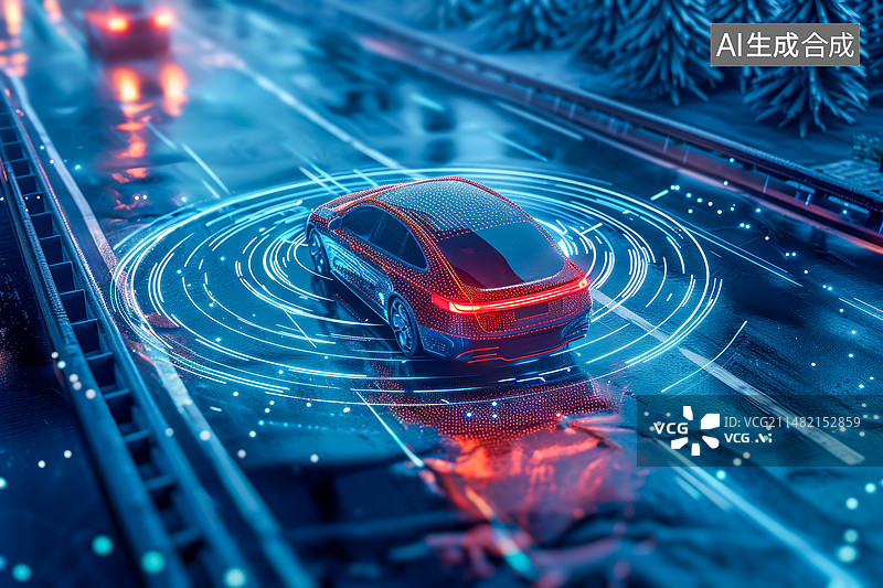 【AI数字艺术】人工智能无人驾驶汽车在公路上行驶的概念图图片素材