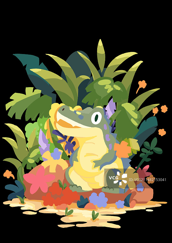 多彩鳄鱼岸边游戏绿色植物插画图片素材