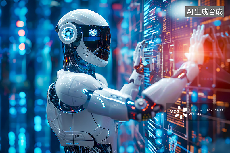 【AI数字艺术】正在操作大数据屏幕的人工智能机器人图片素材