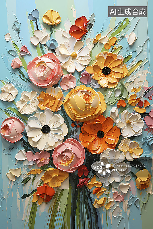 【AI数字艺术】厚涂粗笔触刮刀彩色花束背景海报装饰画图片素材