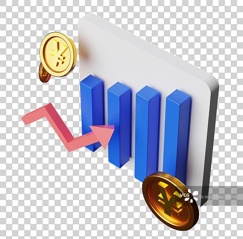 3D渲染金币蓝色柱状图上升曲线图免抠元素图片素材