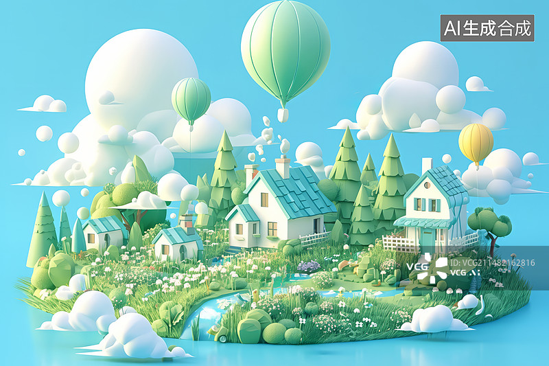 【AI数字艺术】热气球和漂浮岛屿的景象图片素材