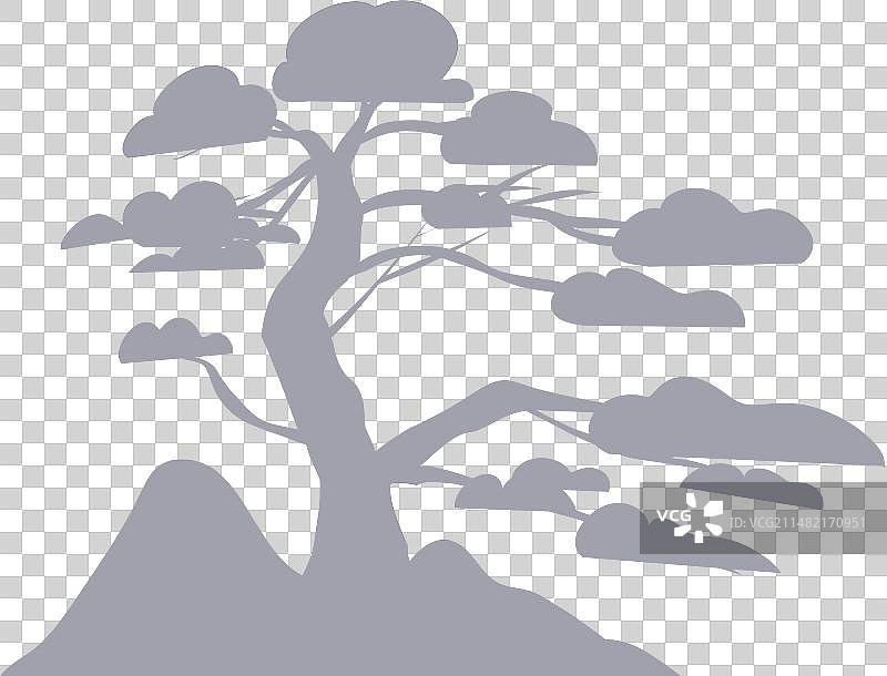 迎客松山石复古剪影元素图片素材