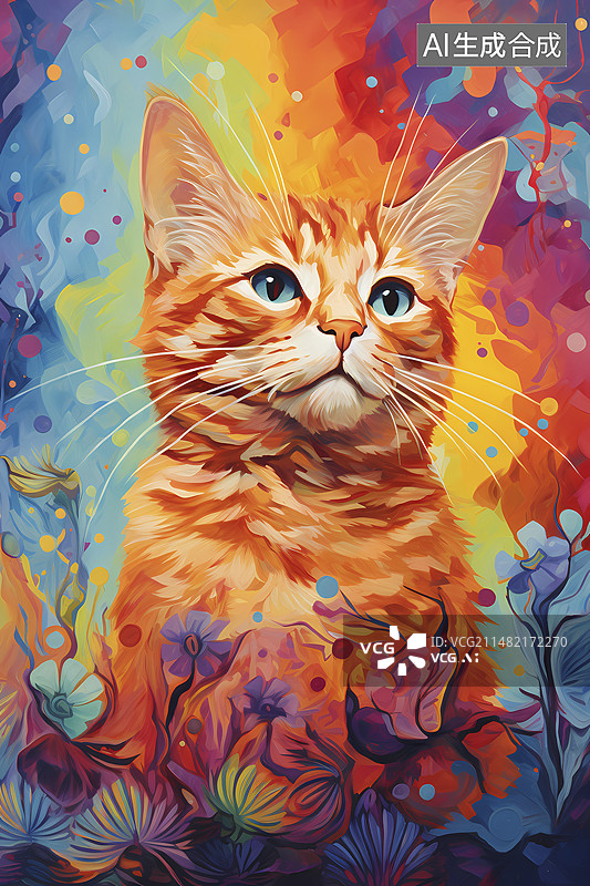 【AI数字艺术】水彩彩色迷幻猫猫质感厚涂笔触抽象装饰画图片素材