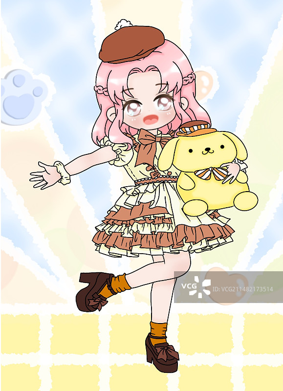 快乐的女孩抱着大狗娃娃图片素材