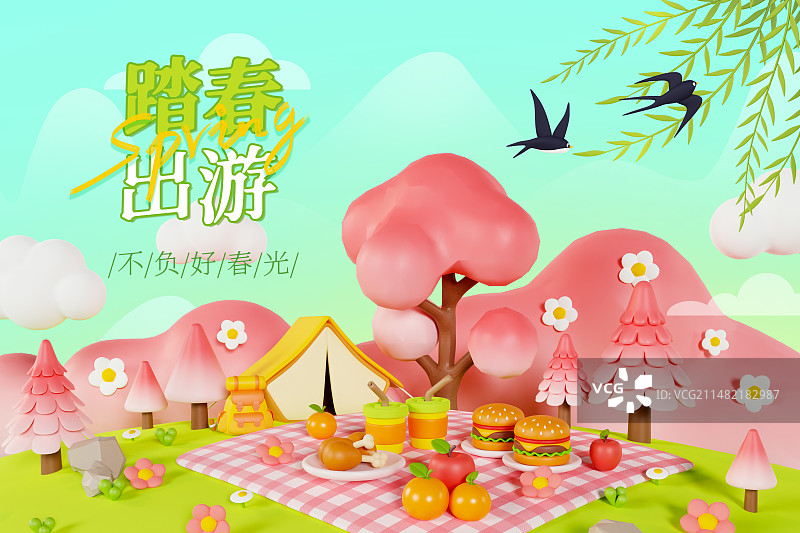 3D渲染的春天公园露营野餐郊游春游粉公樱花海报模板图片素材
