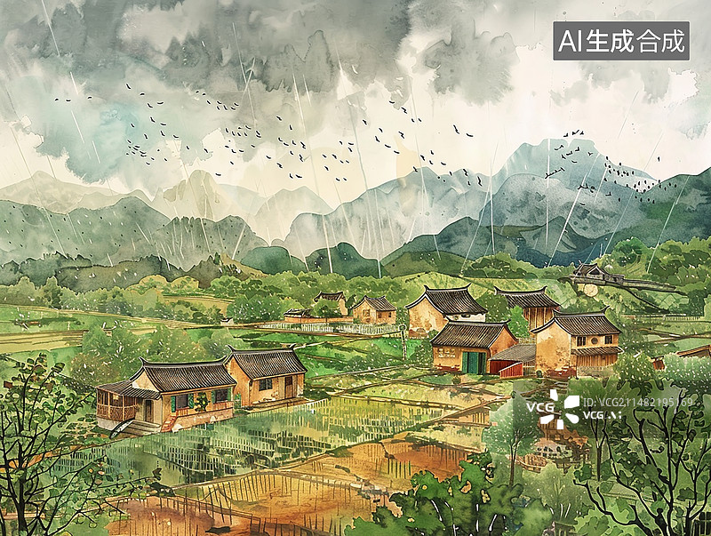 【AI数字艺术】乡村田野风景插画图片素材
