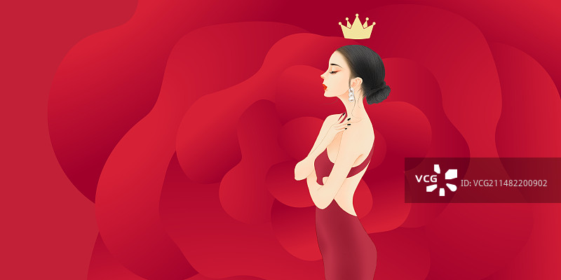 红色玫瑰花背景下穿红色礼服的时尚优雅美女手绘插画。图片素材