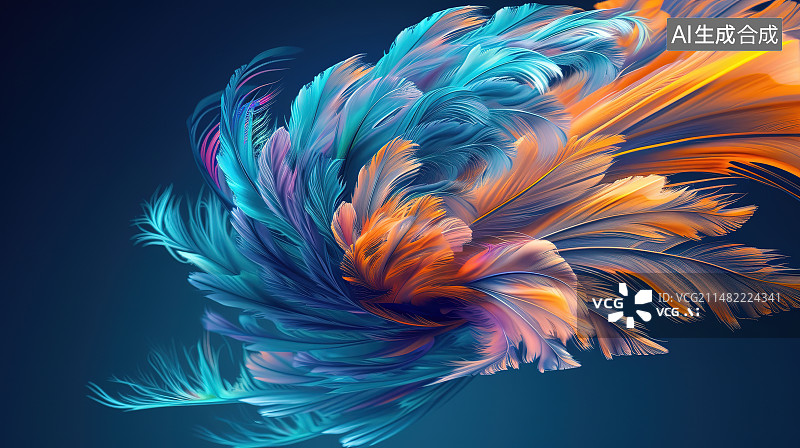 【AI数字艺术】黑色背景下彩色羽毛的特写镜头图片素材