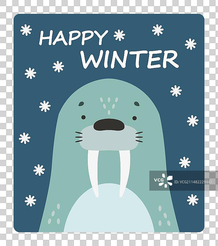 蓝色雪地背景上的可爱海象卡通图片素材