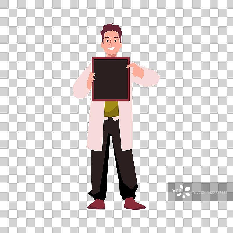 穿白大褂的男人指向黑色空板图片素材