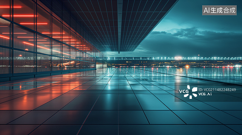 【AI数字艺术】夜幕下带有屋檐的适合停车的铺有瓷砖的光滑地面图片素材