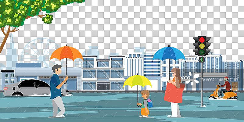 人物与雨伞在城市街道上行走图片素材
