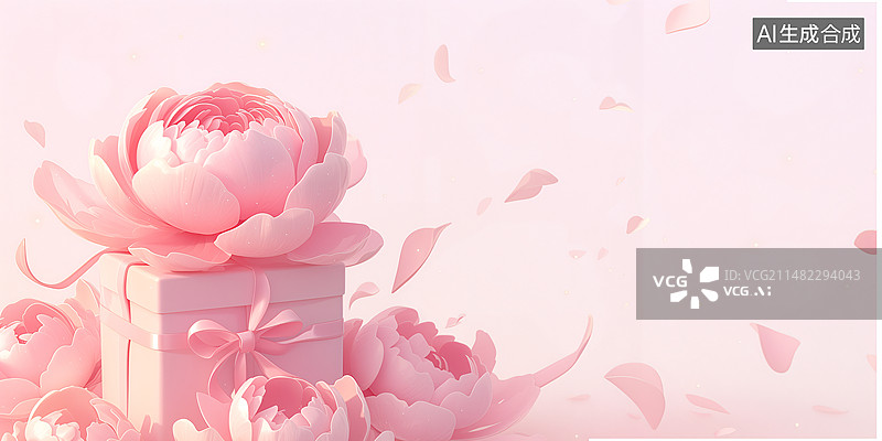 【AI数字艺术】花瓣牡丹花礼盒礼物丝带蝴蝶结妇女节插画图片素材
