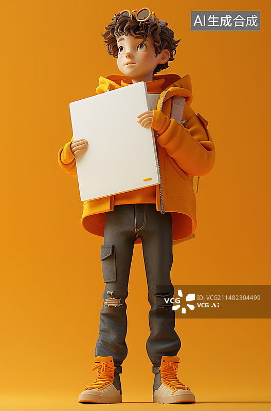 【AI数字艺术】橙色背景下举着空白标语牌的男孩的肖像图片素材