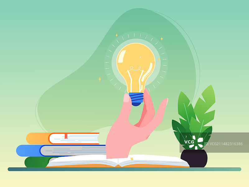 一本书上面有一个手拿着灯泡矢量扁平插画图片素材
