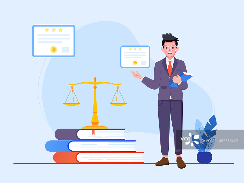 一个穿西服的男生背后是书本和天平矢量插画图片素材