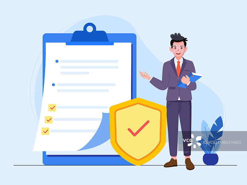 一个穿西服男生背后是文件矢量扁平插画图片素材