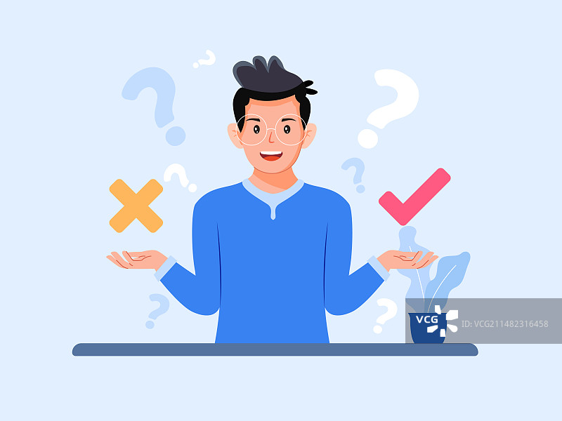 一个男生左手上是错右手上是对勾矢量插画图片素材