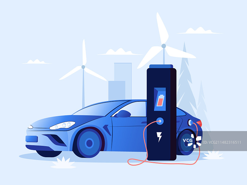 一个新能源汽车正在充电矢量插画图片素材