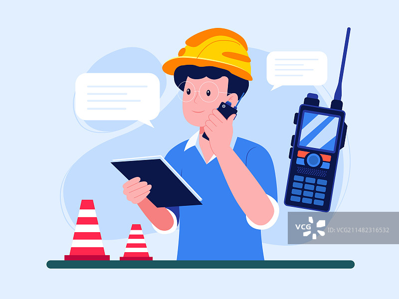 一个男工人正在打电话旁边是传呼机矢量插画图片素材