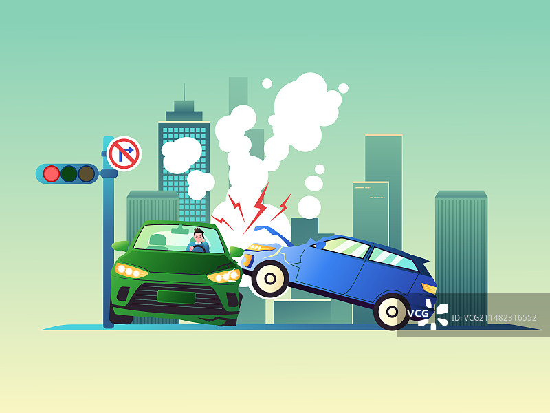 一个汽车撞上另一个汽车背景是城市矢量插画图片素材