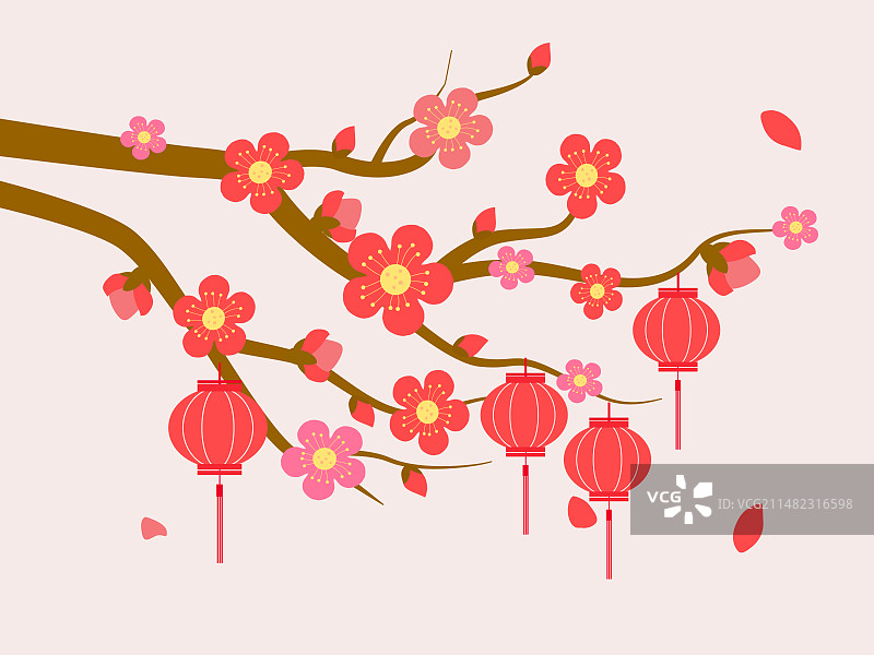 一个梅花树上面挂着灯笼矢量扁平插画图片素材
