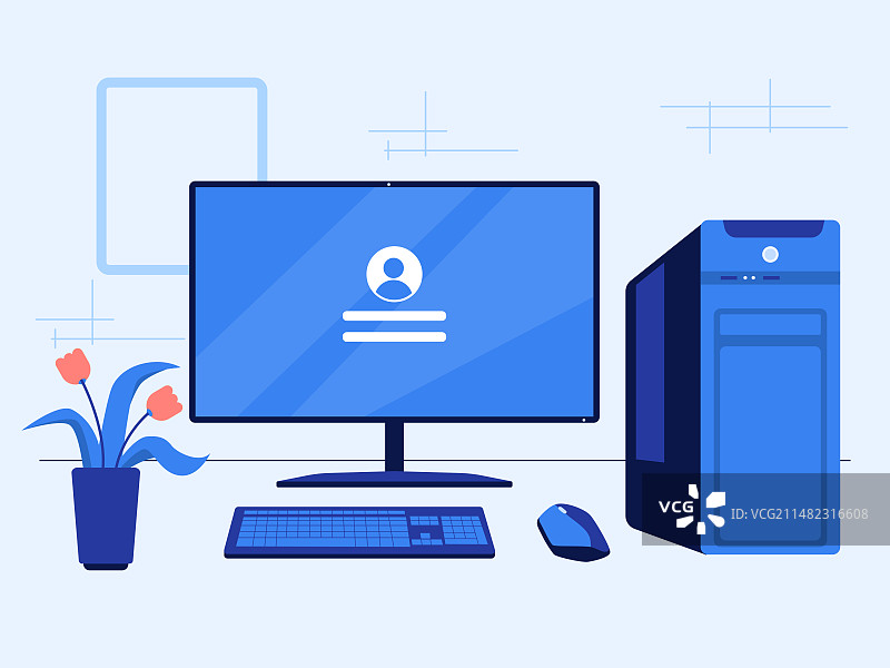 桌上放着显示器和主机矢量扁平插画图片素材
