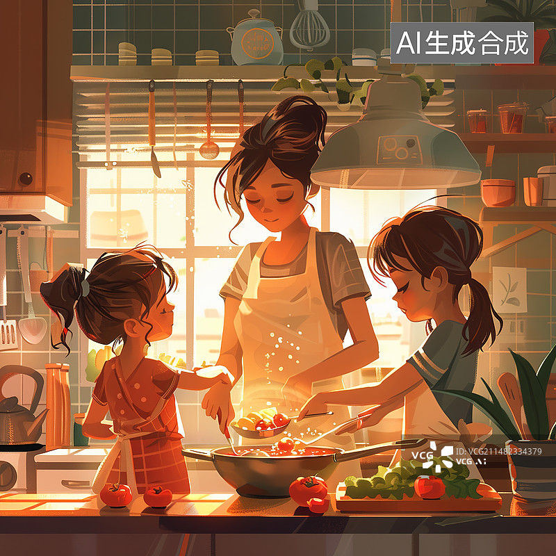 【AI数字艺术】一家人在厨房做饭图片素材