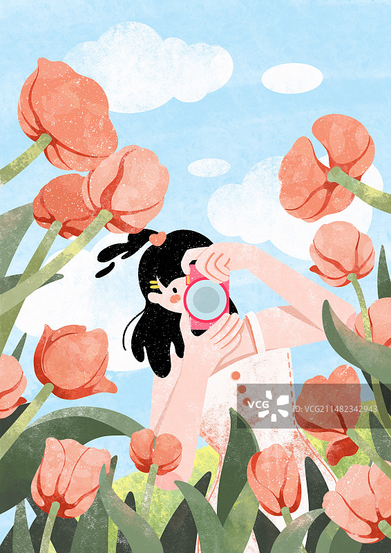 扁平肌理风春天女孩拍照踏春赏花插画图片素材