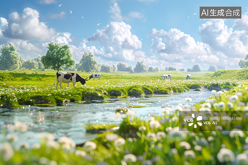 【AI数字艺术】微缩插画草原上小河边正在吃草的奶牛图片素材