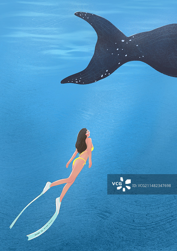 深海潜水的人与鲸鱼风景插画图片素材