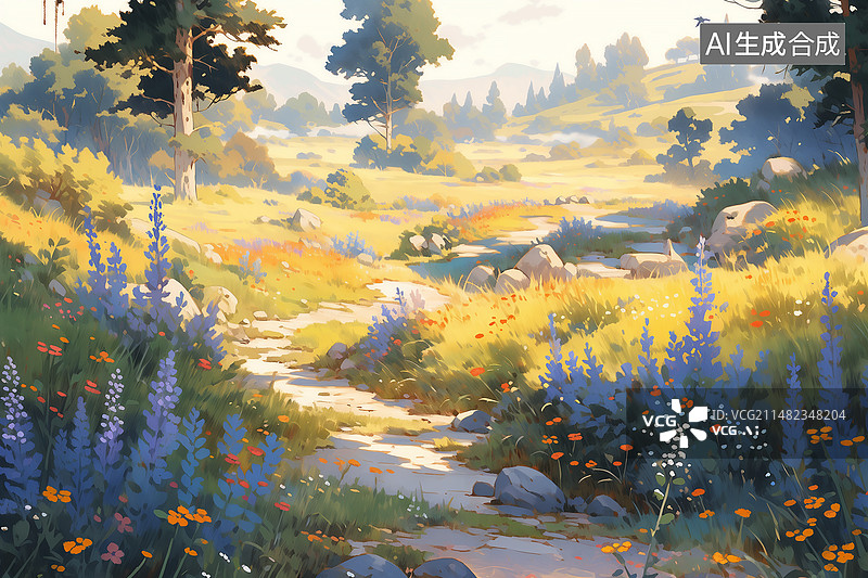 【AI数字艺术】阳光下的野草地图片素材