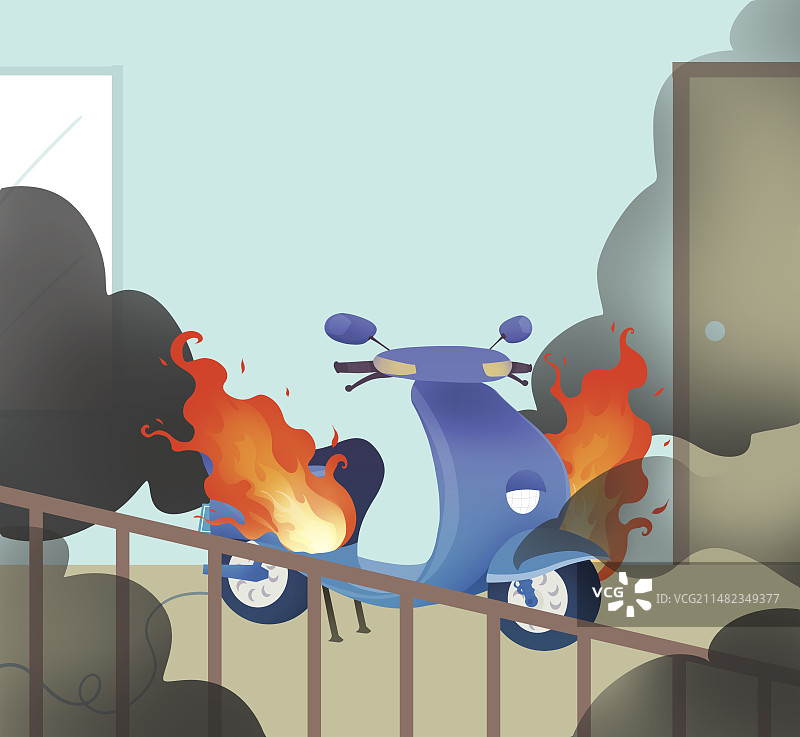 楼道内自燃的摩托车安全隐患宣传插画图片素材