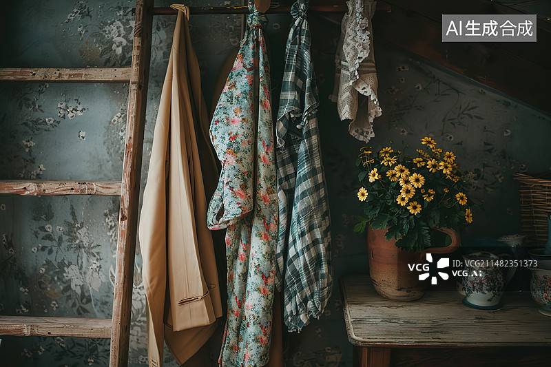 【AI数字艺术】挂在架子上的衣服的特写镜头图片素材